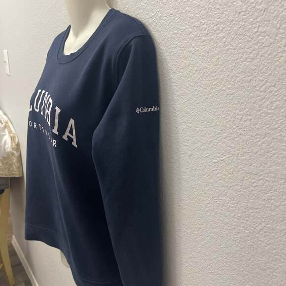 Columbia Women's Navy Blue Varsity Arch Logo Trek Crew Neck Sweatshirt Size L - Picture 2 of 3